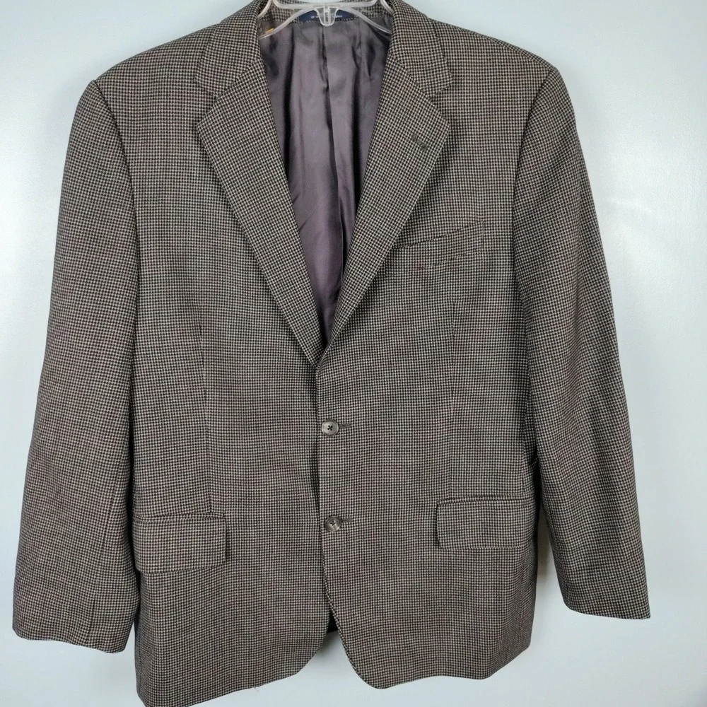 Joseph Abboud Mens 42R Blazer Brown Houndstooth 100% Wool Academic Heritage